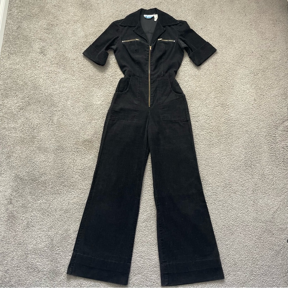 Vintage 1970s Black Corduroy Bell Bottom Jumpsuit